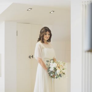 Bridal handtie of soft scented flowers with a blush of colour and silver foliages